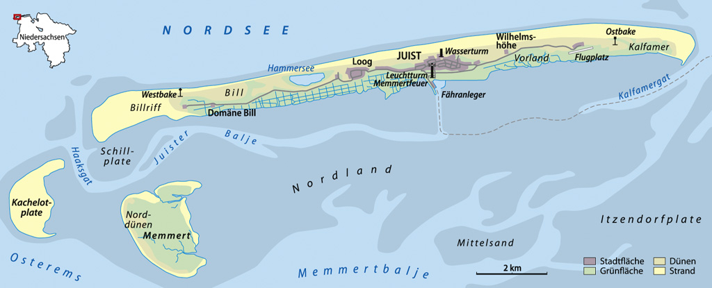 Karte von Juist, die Kachelotplate liegt westlich der Insel. (Karte: NordNordWest/Wikipedia, CC-BY-SA-3.0-DE)